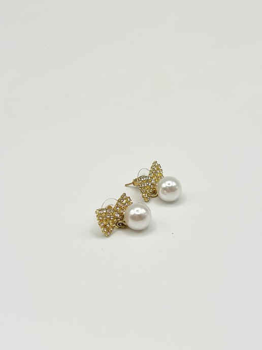 Diamante Bow Pearl Drop Earrings - Gift Boxed - Image 5