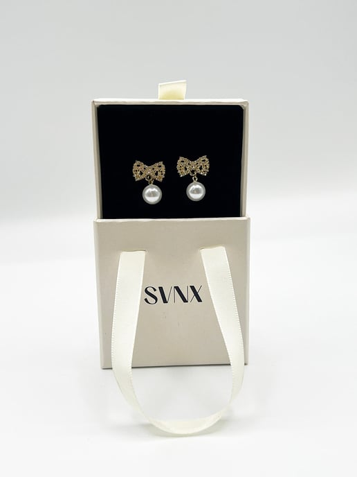 Diamante Bow Pearl Drop Earrings - Gift Boxed - Image 6
