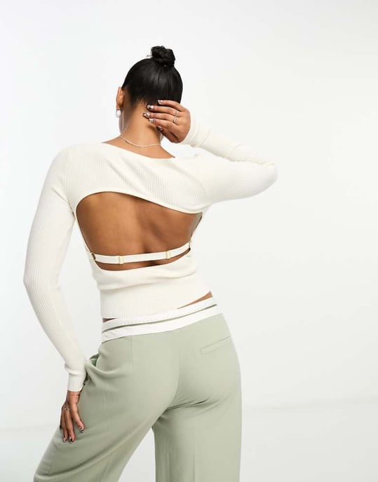 Miss Selfridge square neck open back detail rib knit top in cream - Image 1