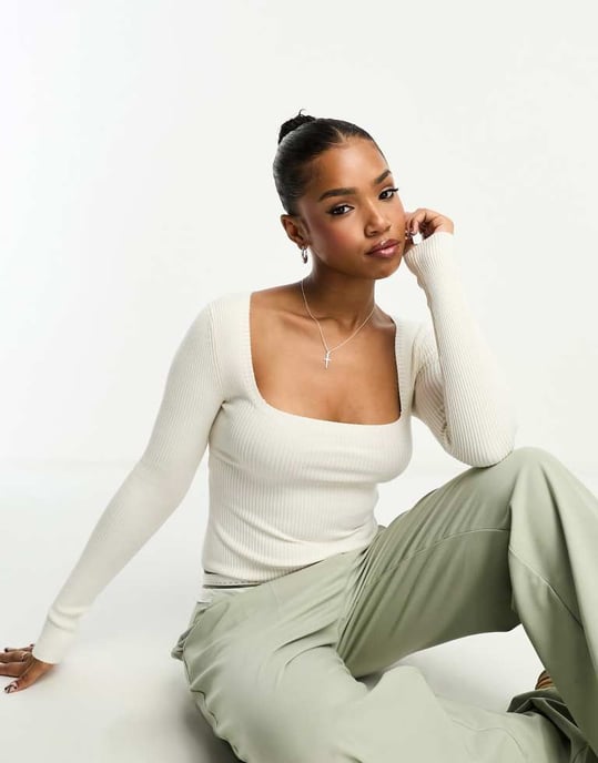 Miss Selfridge square neck open back detail rib knit top in cream - Image 2