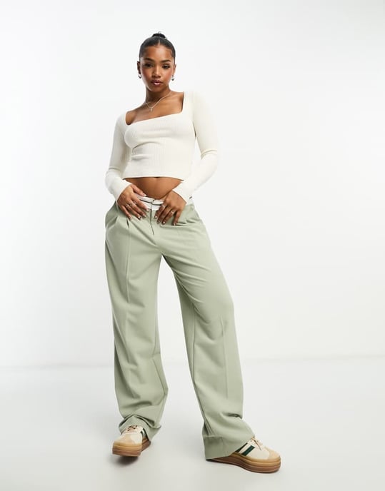 Miss Selfridge square neck open back detail rib knit top in cream - Image 4