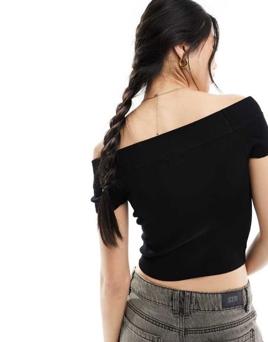 Ribbad crop top med off shoulder-motiv, svart - Image 3