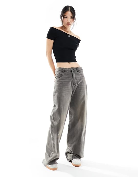 Ribbad crop top med off shoulder-motiv, svart - Image 4