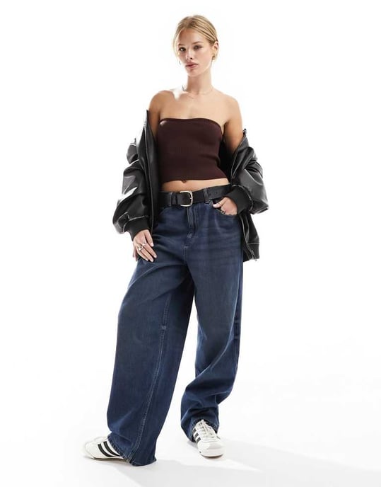 Miss Selfridge – Chokladfärgad, kompakt stickad, ribbad bandeau-topp - Image 3