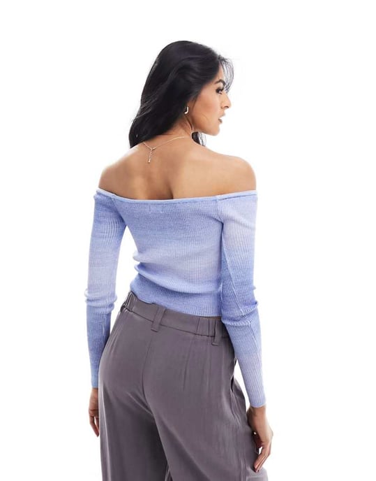Blå ombrefärgad, ribbad bomullstopp med off shoulder-motiv - Image 4