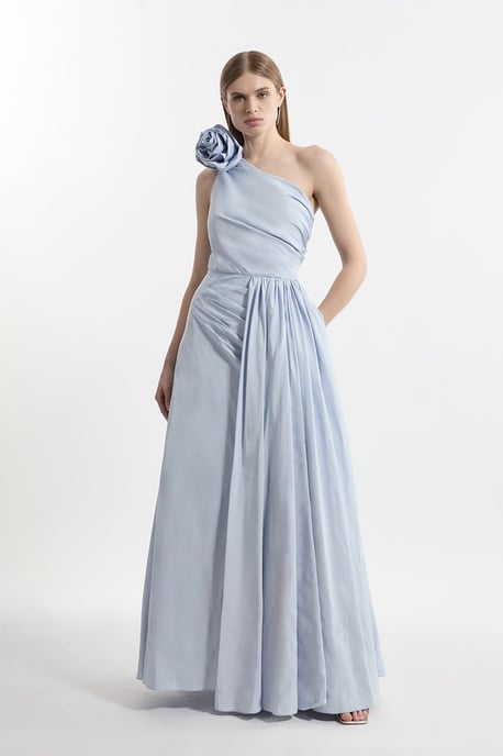 Petite Taffeta Rosette Neck Tailored Pleat Gathered Maxi Dress - Image 1