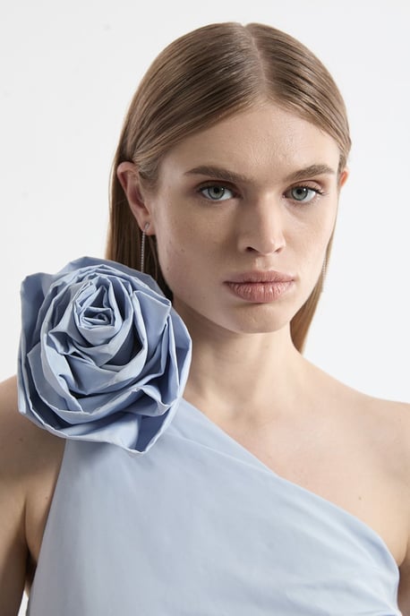 Petite Taffeta Rosette Neck Tailored Pleat Gathered Maxi Dress - Image 2