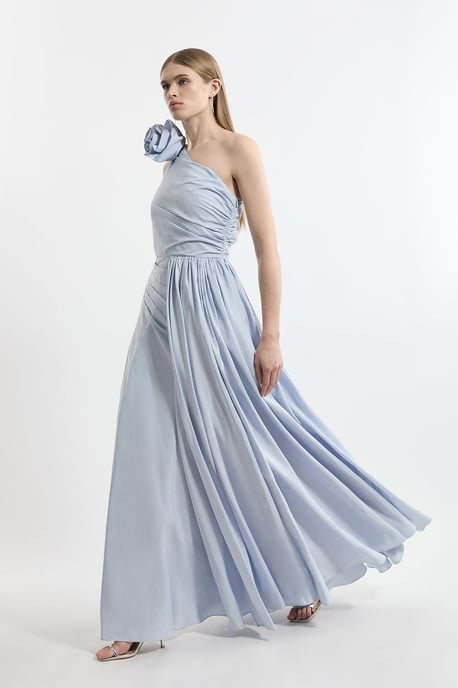 Petite Taffeta Rosette Neck Tailored Pleat Gathered Maxi Dress - Image 3