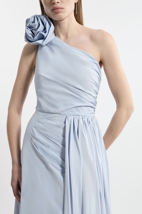 Petite Taffeta Rosette Neck Tailored Pleat Gathered Maxi Dress - Image 5