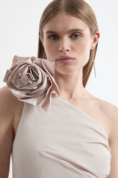 Petite Taffeta Rosette Neck Tailored Pleat Gathered Maxi Dress - Image 2