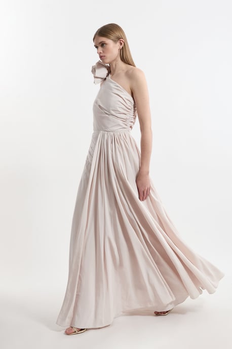 Petite Taffeta Rosette Neck Tailored Pleat Gathered Maxi Dress - Image 3