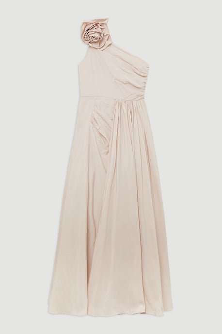 Petite Taffeta Rosette Neck Tailored Pleat Gathered Maxi Dress - Image 4