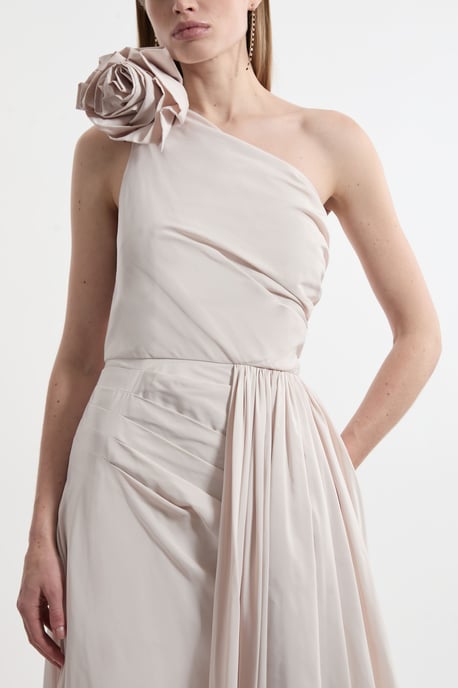 Petite Taffeta Rosette Neck Tailored Pleat Gathered Maxi Dress - Image 5