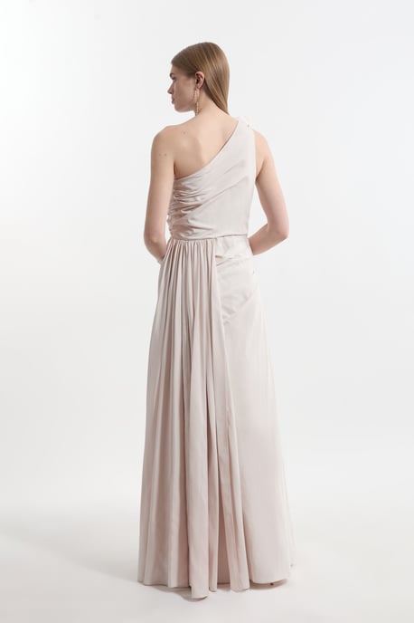 Petite Taffeta Rosette Neck Tailored Pleat Gathered Maxi Dress - Image 6