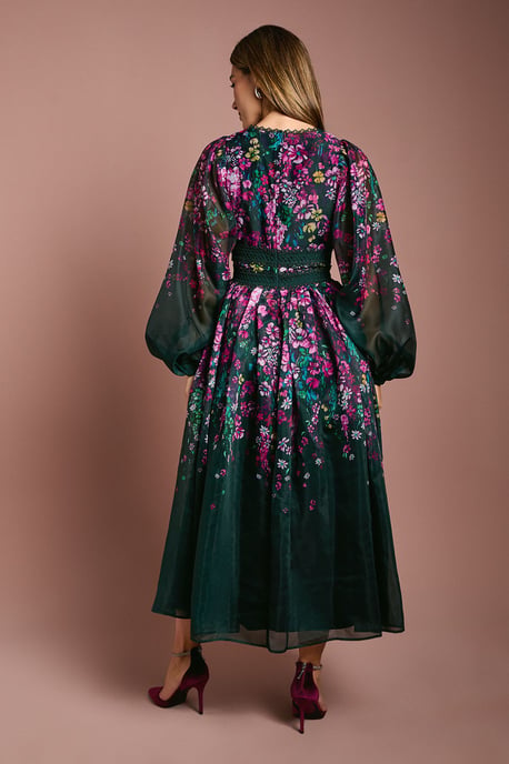 Organza Floral Placement Lace Trim Midaxi Dress - Image 4