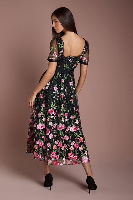 Lace Trim Detail Embroidered Mesh Midi Dress - Image 3