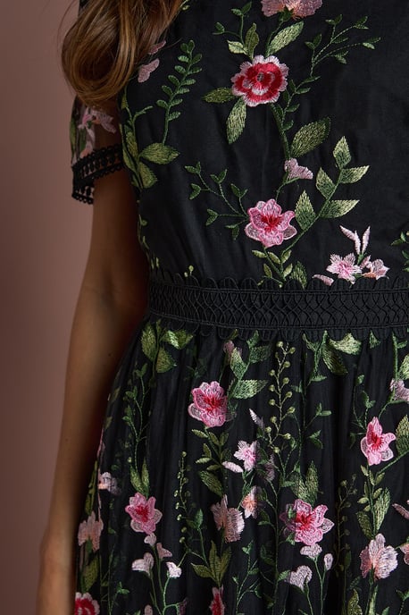 Lace Trim Detail Embroidered Mesh Midi Dress - Image 5