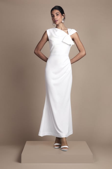 Asymetric Neckline with Bow Detail Crepe Midi Wedding Dress - Image 1
