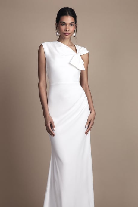 Asymetric Neckline with Bow Detail Crepe Midi Wedding Dress - Image 2