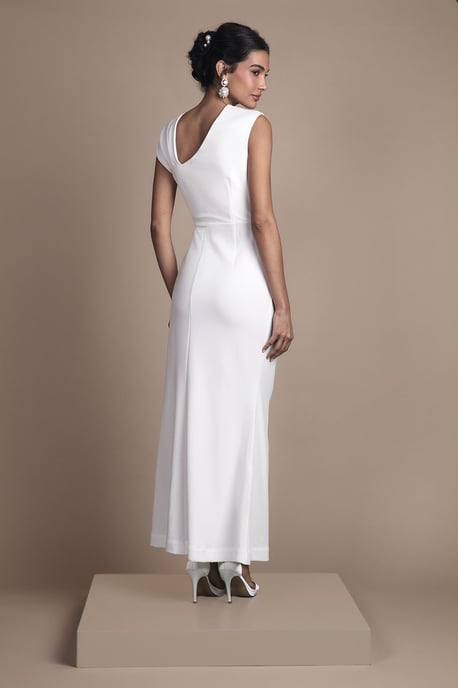 Asymetric Neckline with Bow Detail Crepe Midi Wedding Dress - Image 3