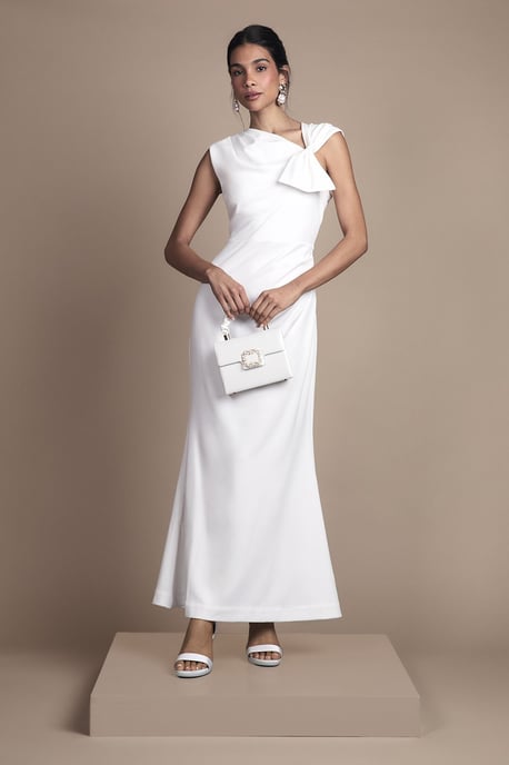 Asymetric Neckline with Bow Detail Crepe Midi Wedding Dress - Image 4