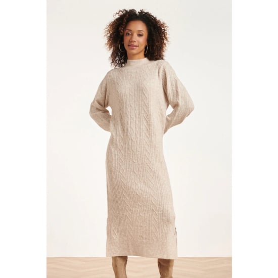 Smashed Lemon 24631 beige e gebreide midi jurk met kabelstructuur | - Image 5