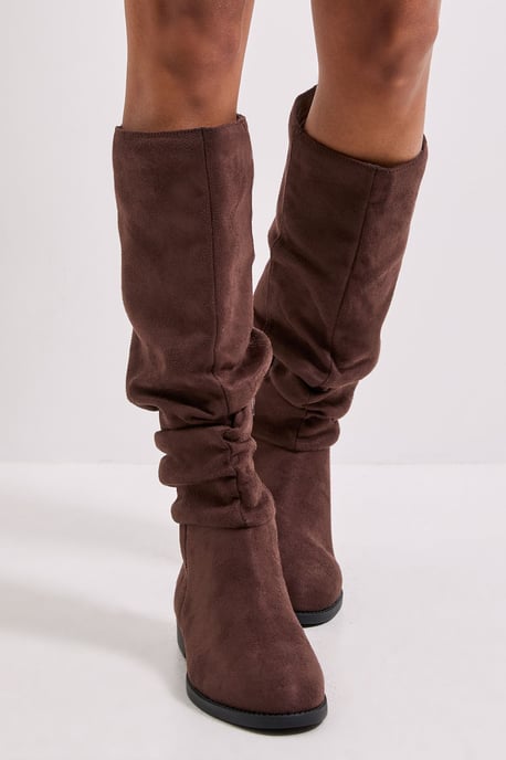Wide Fit Karina Faux Suede Flat Knee High Ruched Boots - Image 4