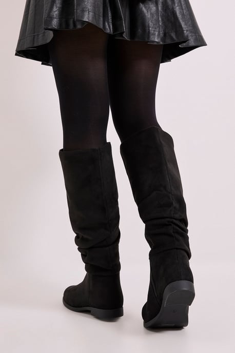 Wide Fit Karina Faux Suede Flat Knee High Ruched Boots - Image 3