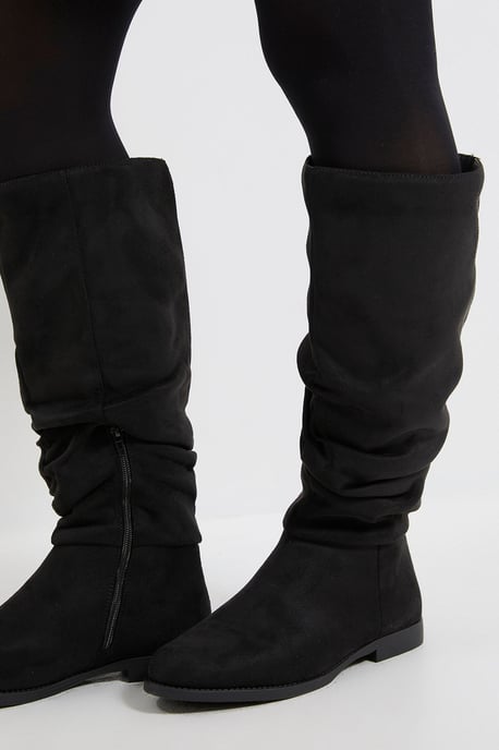 Wide Fit Karina Faux Suede Flat Knee High Ruched Boots - Image 4