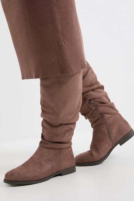 Wide Fit Karina Faux Suede Flat Knee High Ruched Boots - Image 2