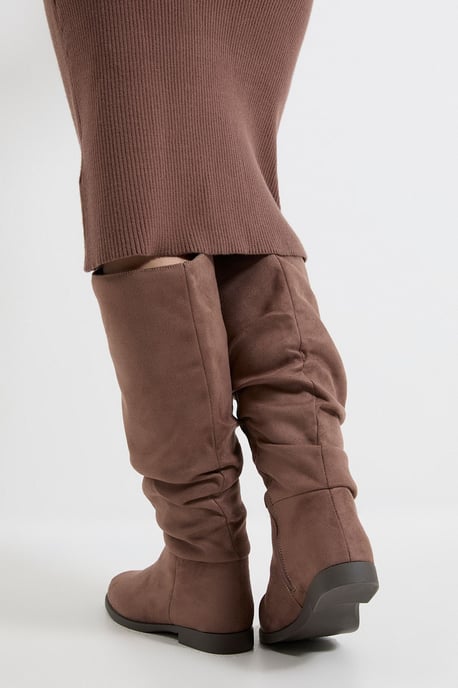 Wide Fit Karina Faux Suede Flat Knee High Ruched Boots - Image 3