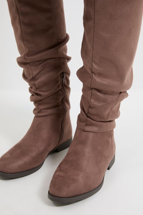 Wide Fit Karina Faux Suede Flat Knee High Ruched Boots - Image 4