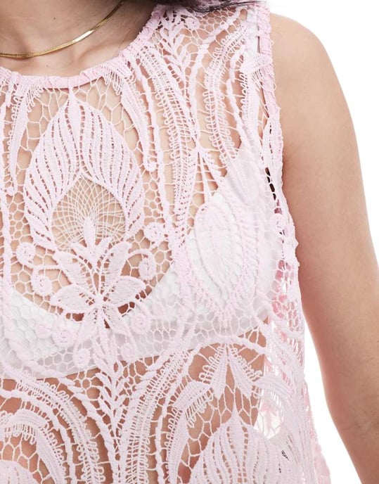 Vila open crochet occasion top in powder pink - Image 2