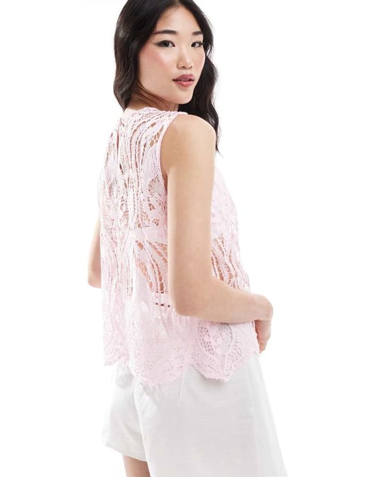 Vila open crochet occasion top in powder pink - Image 4