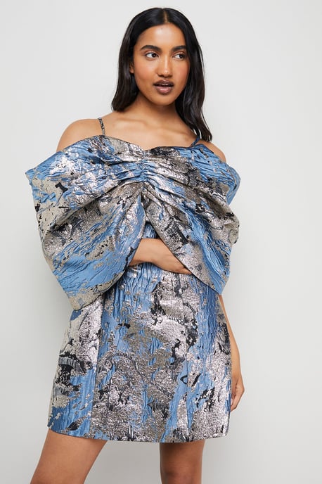 Metallic Jacquard Dramatic Sleeves Mini Dress - Image 1
