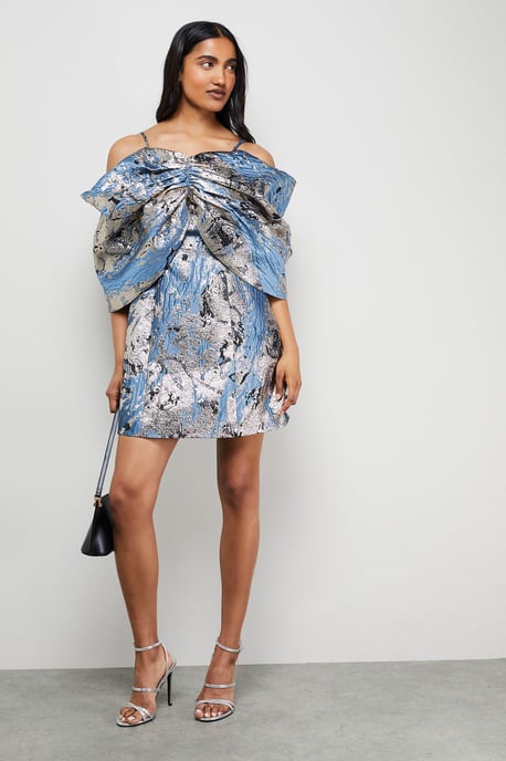 Metallic Jacquard Dramatic Sleeves Mini Dress - Image 2