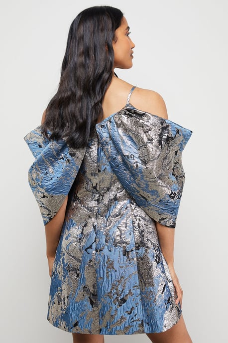 Metallic Jacquard Dramatic Sleeves Mini Dress - Image 3
