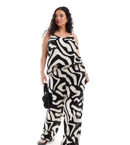 Vero Moda Curve – Linnebyxor med vida ben och abstrakt, enfärgat mönster, del av set - Image 1