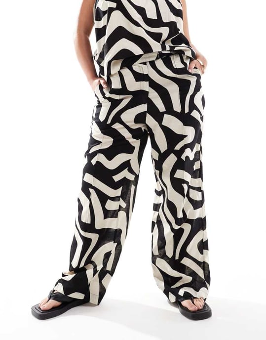 Vero Moda Curve – Linnebyxor med vida ben och abstrakt, enfärgat mönster, del av set - Image 2