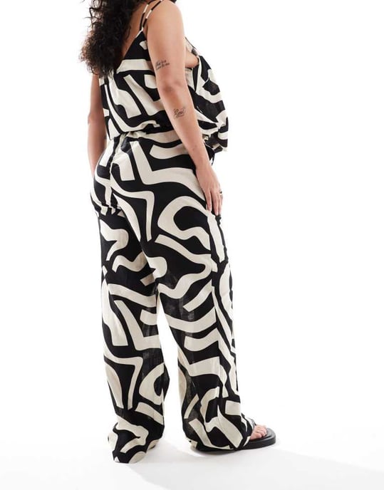 Vero Moda Curve – Linnebyxor med vida ben och abstrakt, enfärgat mönster, del av set - Image 4