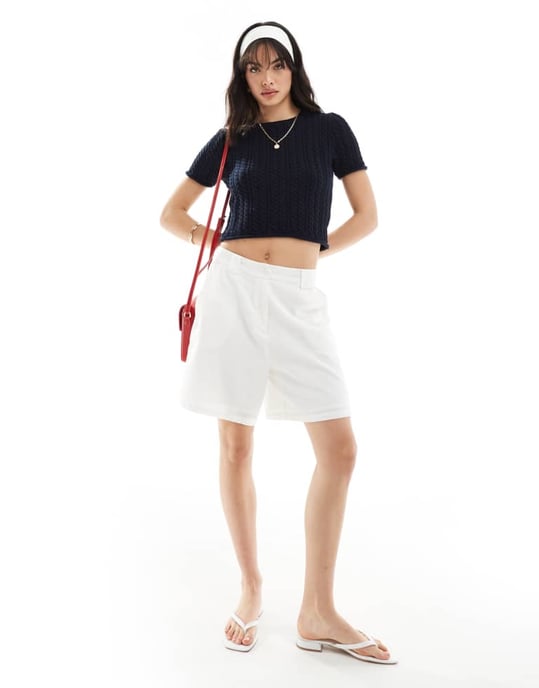 ASOS DESIGN – Marinblå stickad t-shirt med kabelmönster - Image 2
