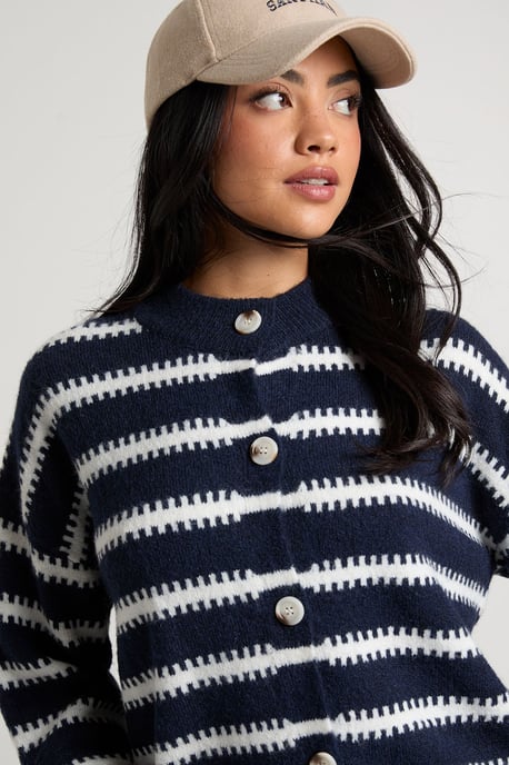 Super Soft Stripe High Neck Button Through Cardigan - Image 1
