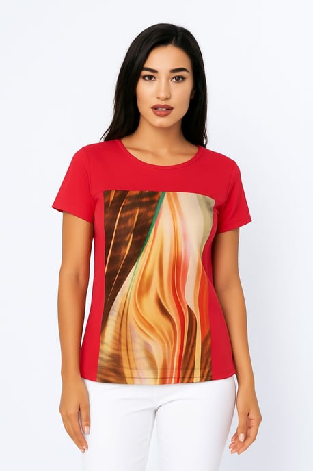 Red Abstract Print Jersey Top in Viscose-Elastane - Image 2