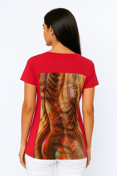 Red Abstract Print Jersey Top in Viscose-Elastane - Image 4