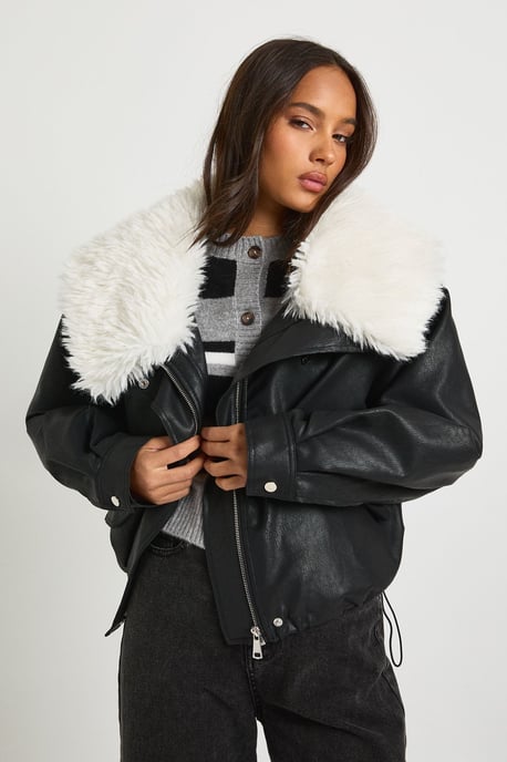 Fur Collar Short PU Jacket - Image 1
