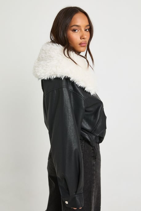 Fur Collar Short PU Jacket - Image 2