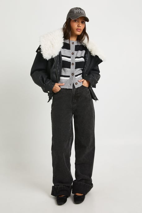 Fur Collar Short PU Jacket - Image 3