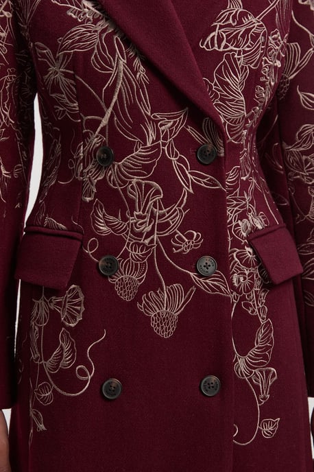 Wool Floral Embroidered Double Breasted Coat - Image 3
