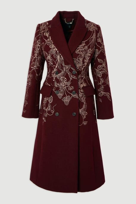Wool Floral Embroidered Double Breasted Coat - Image 4