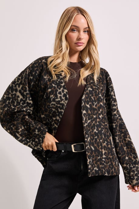 Short Collarless Animal Print Coat - Image 2